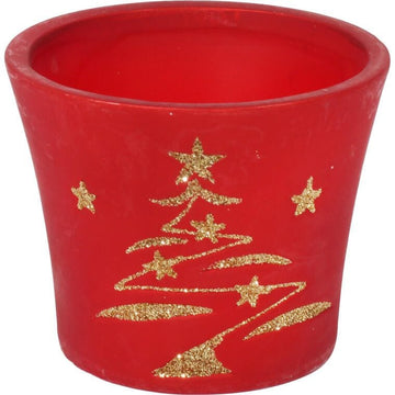 Czerwona ceramiczna osłonka świąteczna z choinką – 15 cm