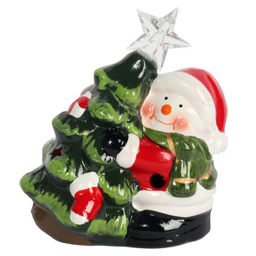 Ceramiczny bałwan z choinką LED – 12,5 cm