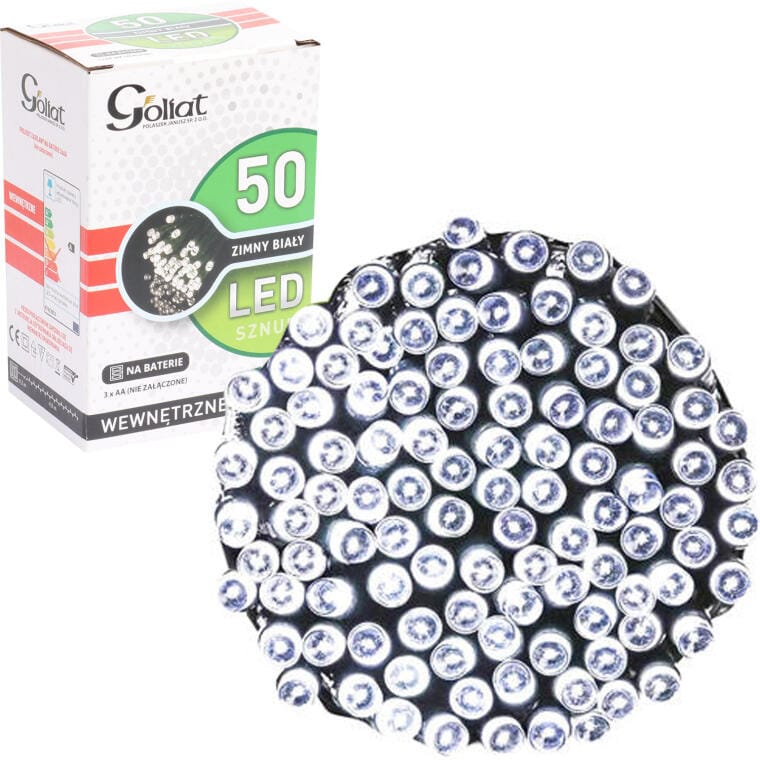 Lampki świąteczne 50 LED zimna biel na baterie