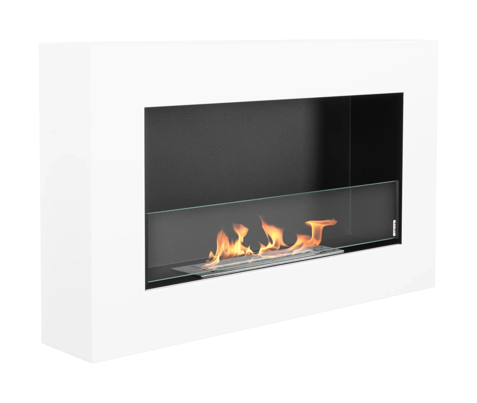 Biokominek wiszący 650 × 400 Box biały strukturalny mat z szybą – ujęcie produktu producenta