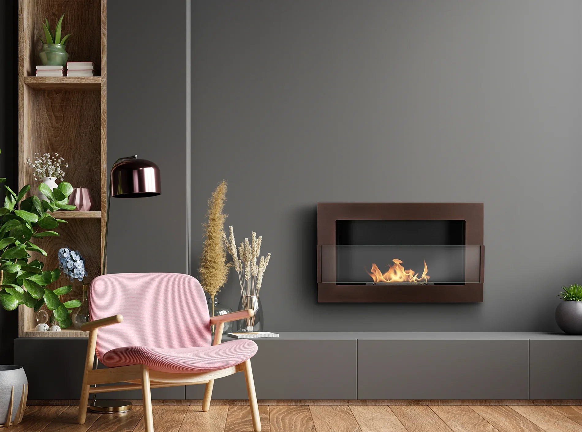 Biokominek wiszący z szybą 650x400 brąz – aranżacja producenta