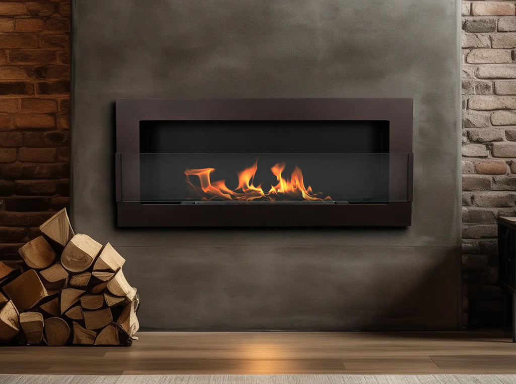 Biokominek wiszący z szybą 900x400 brąz – aranżacja producenta