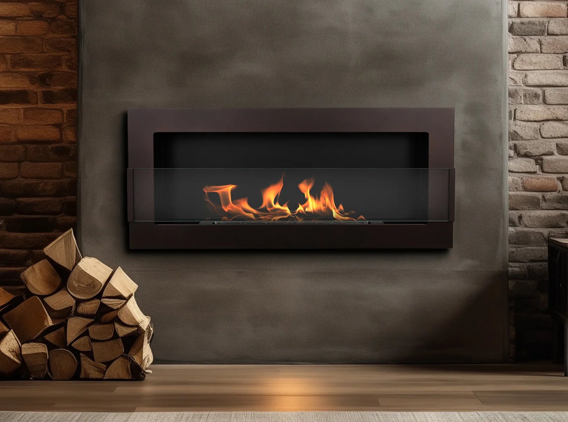 Biokominek wiszący z szybą 900x400 brąz – aranżacja producenta