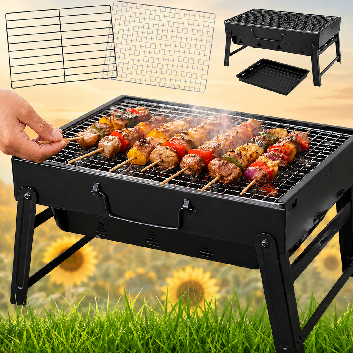Grill turystyczny składany 35x27x20 cm czarny – z rusztami i tacką