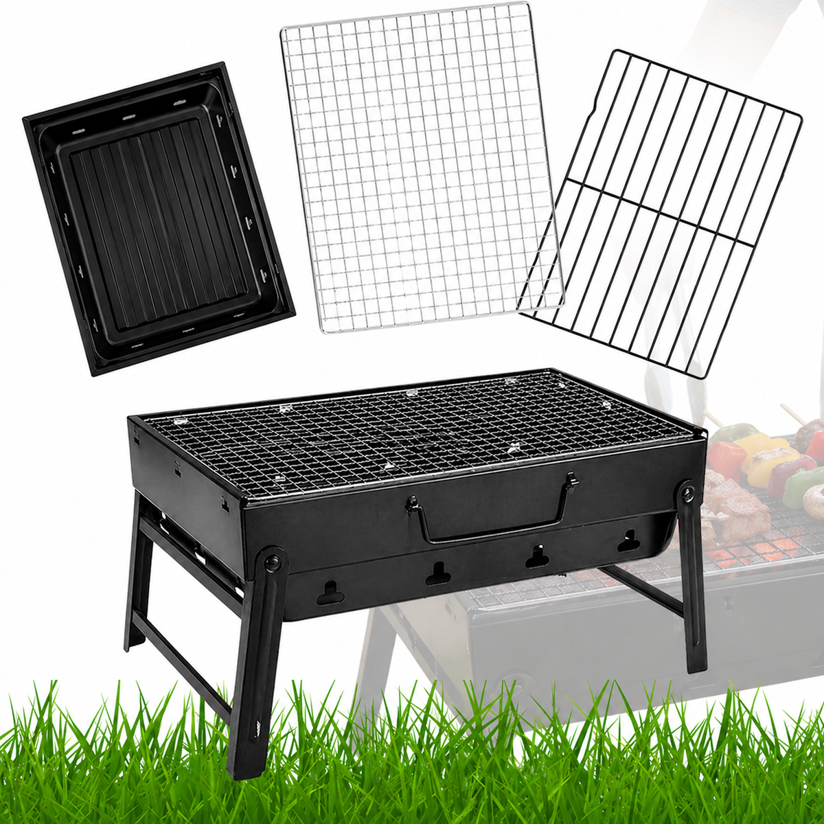 Grill turystyczny składany 35x27x20 cm czarny – z rusztami i tacką