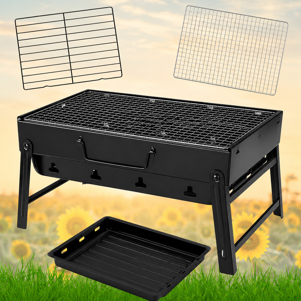 Grill turystyczny składany 35x27x20 cm czarny – z rusztami i tacką