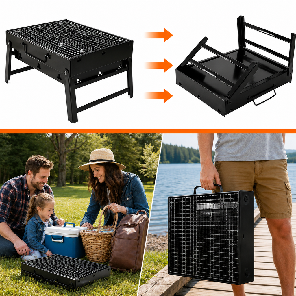 Grill turystyczny składany 35x27x20 cm czarny – z rusztami i tacką