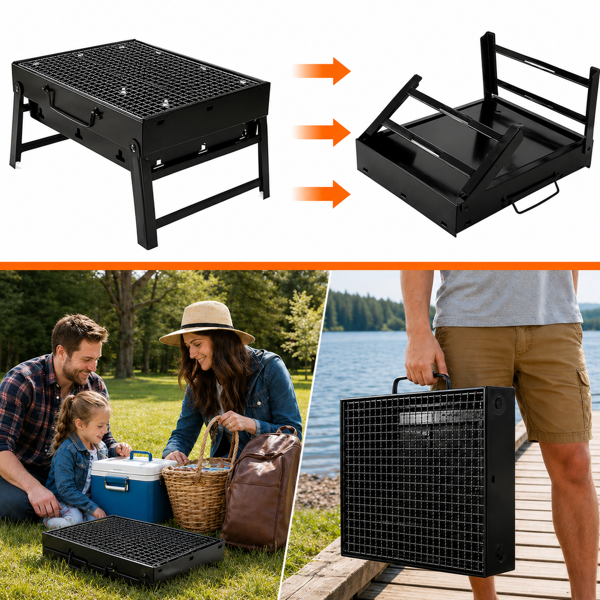 Grill turystyczny składany 35x27x20 cm czarny – z rusztami i tacką