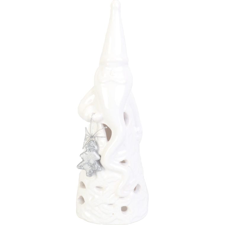 Biały ceramiczny lampion Mikołaj z choinką 24 cm