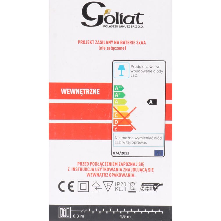 Lampki świąteczne 50 LED zimna biel na baterie, oryginalna fotografia