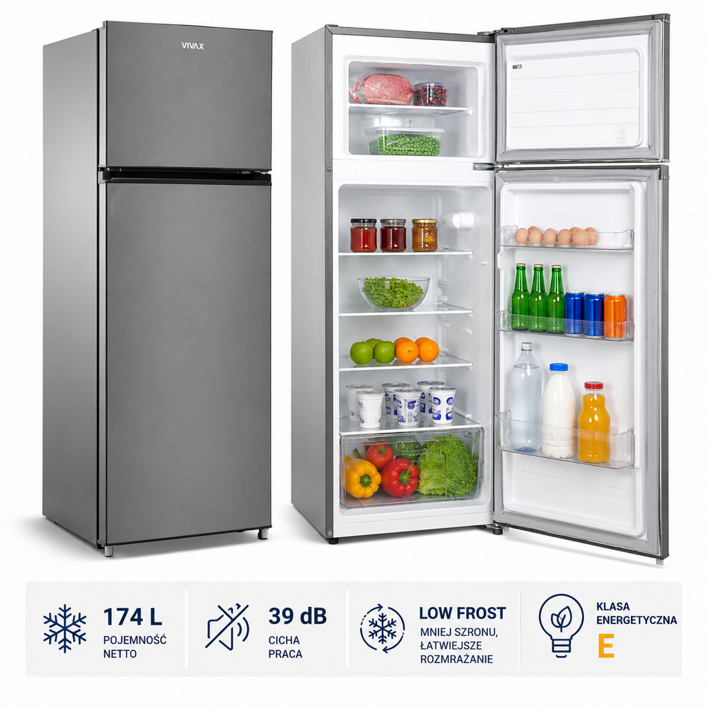 Lodówka Wolnostojąca 143 cm 204L INOX Chłodziarko Zamrażarka Vivax DD-207 — zdjęcie 3