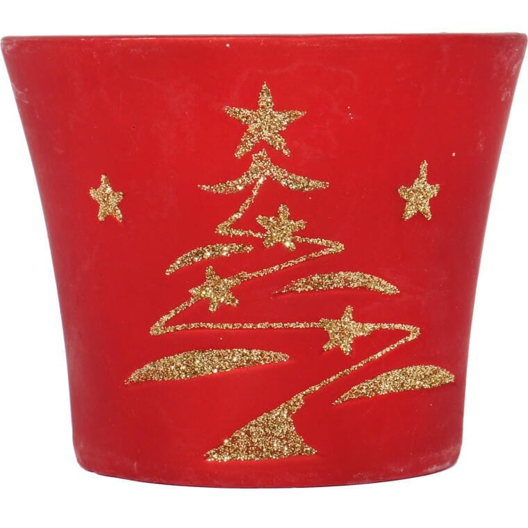 Czerwona ceramiczna osłonka świąteczna Goliat 09A01R/D IV, 15 cm, złota choinka — widok detalu