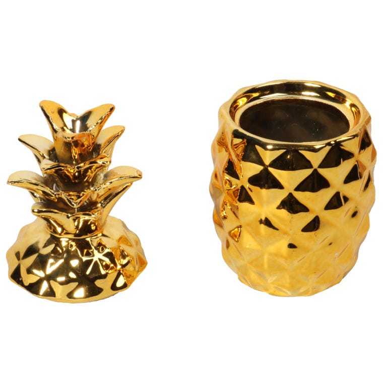 Średnia złota szkatułka ceramiczna Ananas Goliat AN-3 — otwarty pojemnik i pokrywka (oryginalne ujęcie)