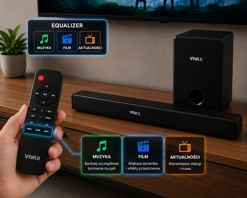 Soundbar + Subwoofer VIVAX 70W 2.1 Bluetooth HDMI ARC OPTYCZNY PILOT